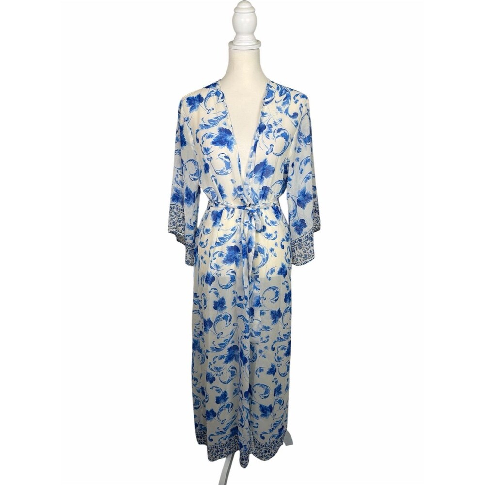 A.Peach Blue White Floral Kimono Duster Boho Cover Up Tie Waist Beach Resort